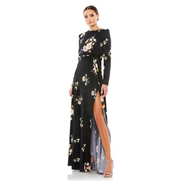 Mac Duggal Dresses & Skirts - FLAWED GEM – Mac Duggal Long Sleeve Boat Neck Floral Maxi Gown in Black – Size 2